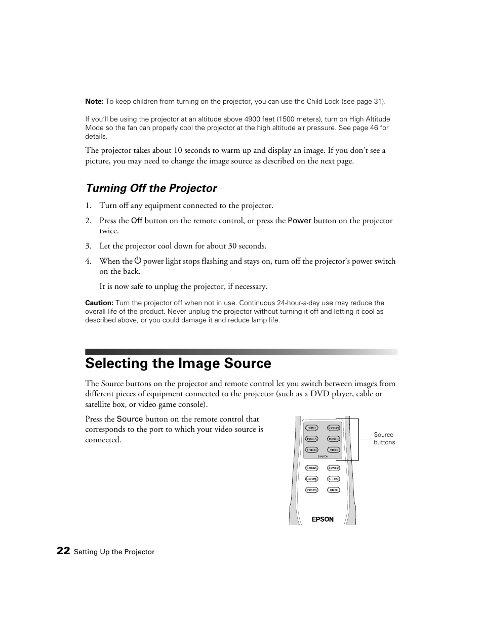 Turning off the projector, Selecting the image source | Epson PRO CINEMA 800 User Manual | Page 22 / 80