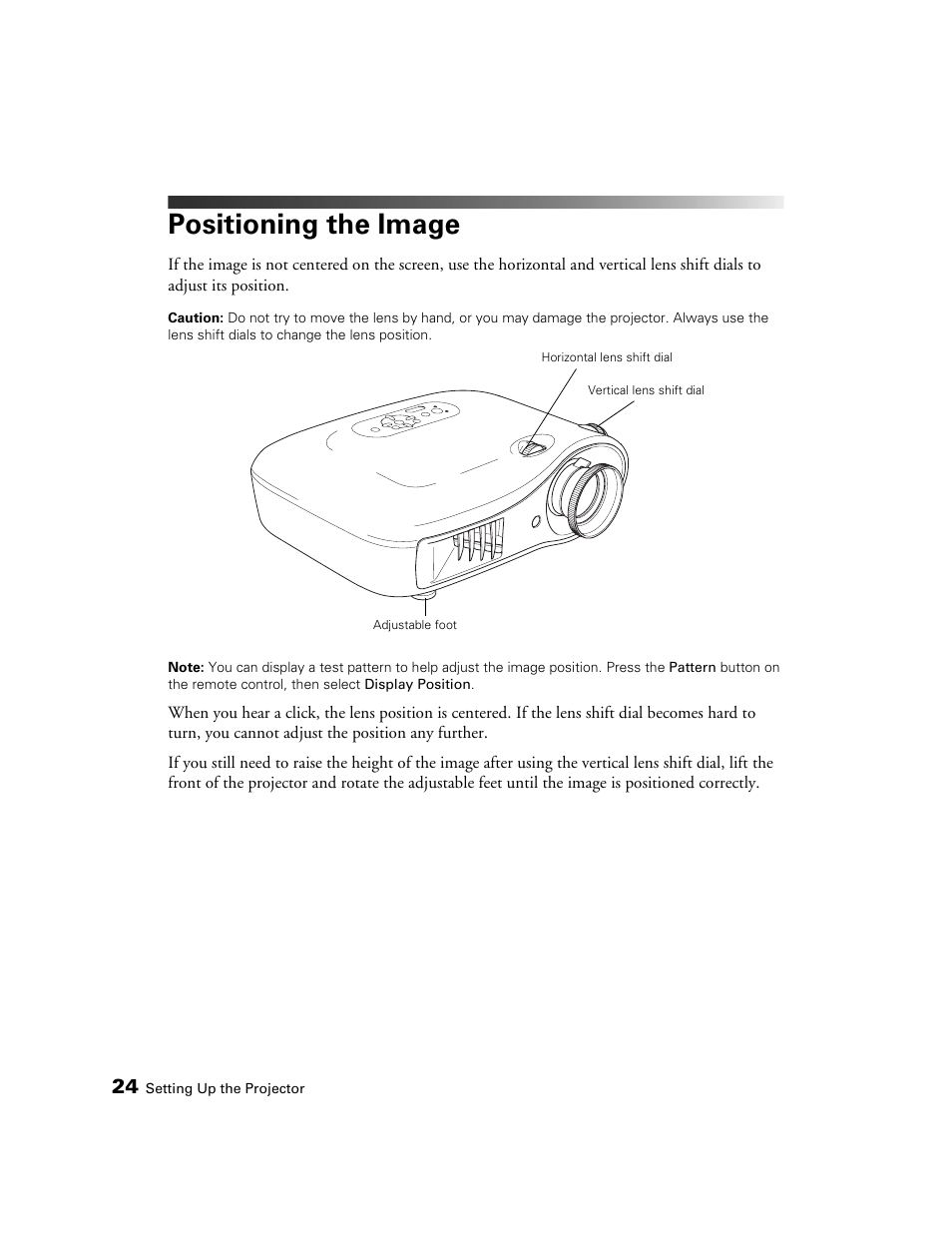 Positioning the image | Epson PRO CINEMA 800 User Manual | Page 24 / 80