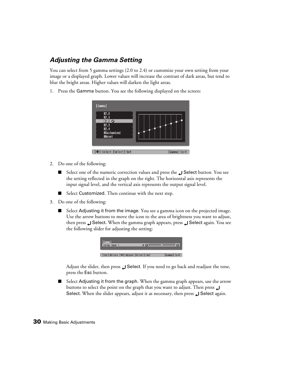 Adjusting the gamma setting | Epson PRO CINEMA 800 User Manual | Page 30 / 80