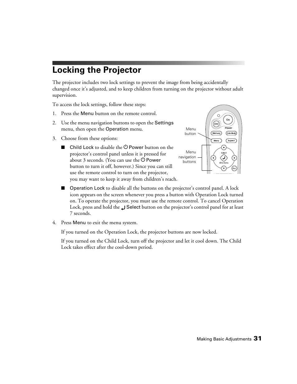 Locking the projector | Epson PRO CINEMA 800 User Manual | Page 31 / 80