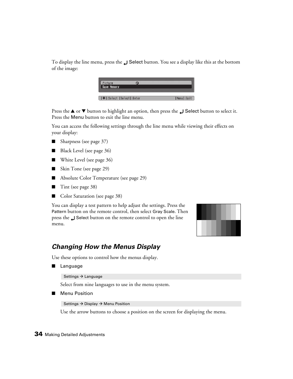 Changing how the menus display | Epson PRO CINEMA 800 User Manual | Page 34 / 80