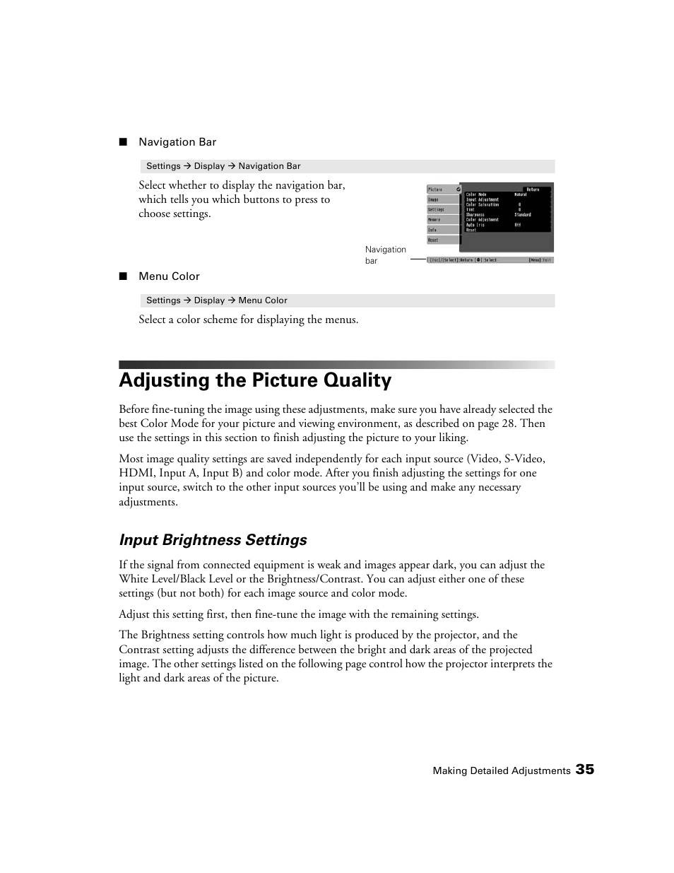 Adjusting the picture quality, Input brightness settings | Epson PRO CINEMA 800 User Manual | Page 35 / 80