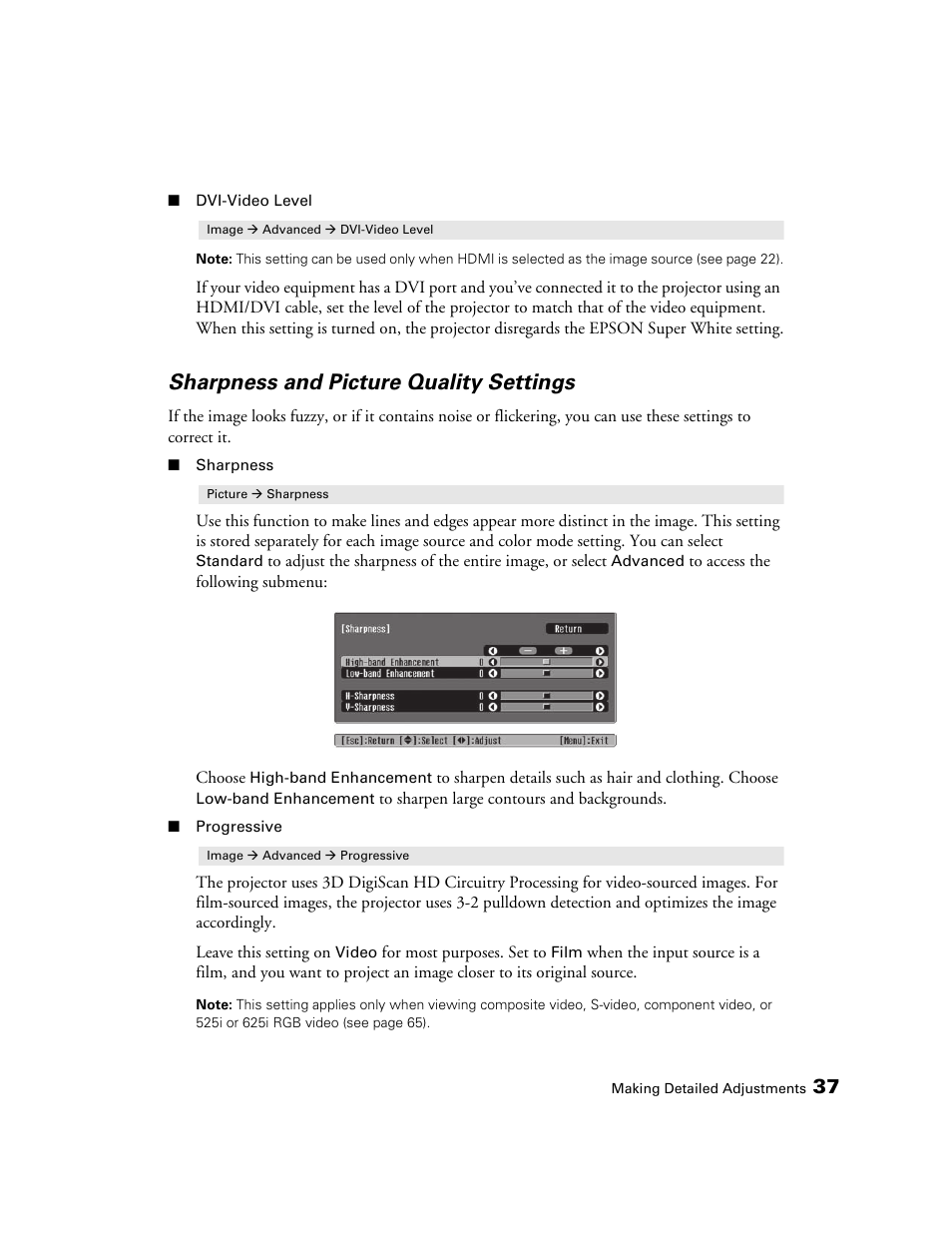 Sharpness and picture quality settings | Epson PRO CINEMA 800 User Manual | Page 37 / 80