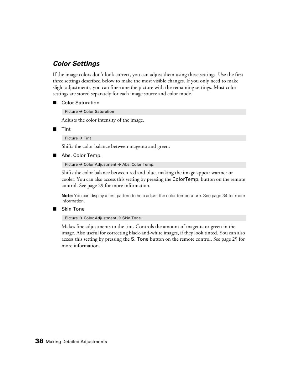 Color settings | Epson PRO CINEMA 800 User Manual | Page 38 / 80