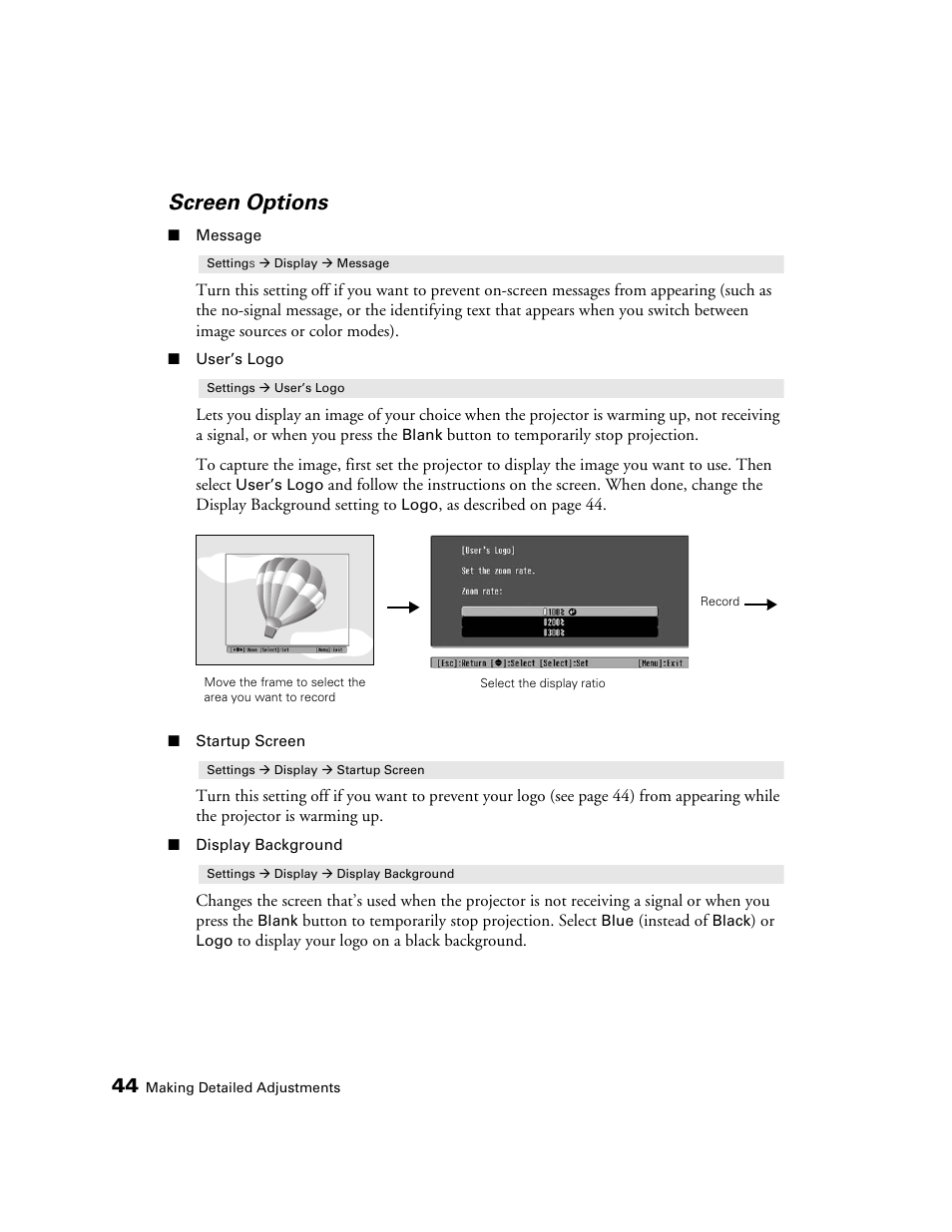 Screen options | Epson PRO CINEMA 800 User Manual | Page 44 / 80