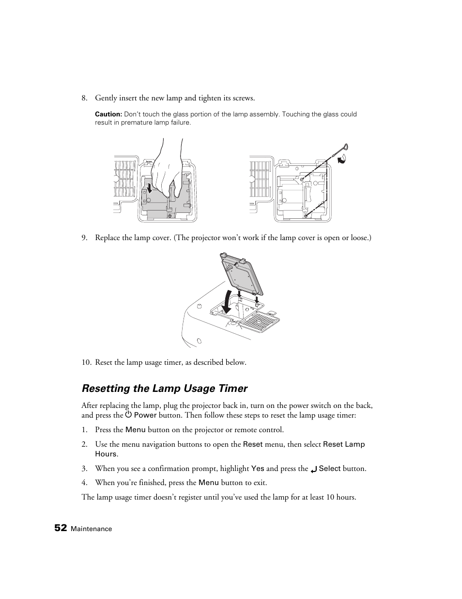 Resetting the lamp usage timer | Epson PRO CINEMA 800 User Manual | Page 52 / 80