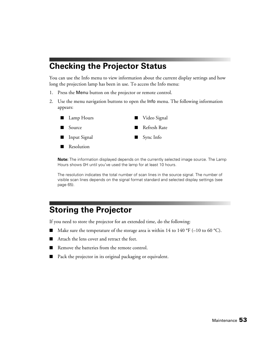 Checking the projector status, Storing the projector | Epson PRO CINEMA 800 User Manual | Page 53 / 80