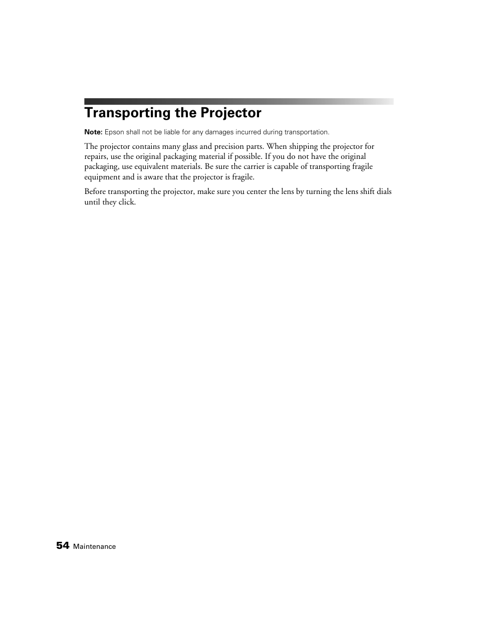 Transporting the projector | Epson PRO CINEMA 800 User Manual | Page 54 / 80