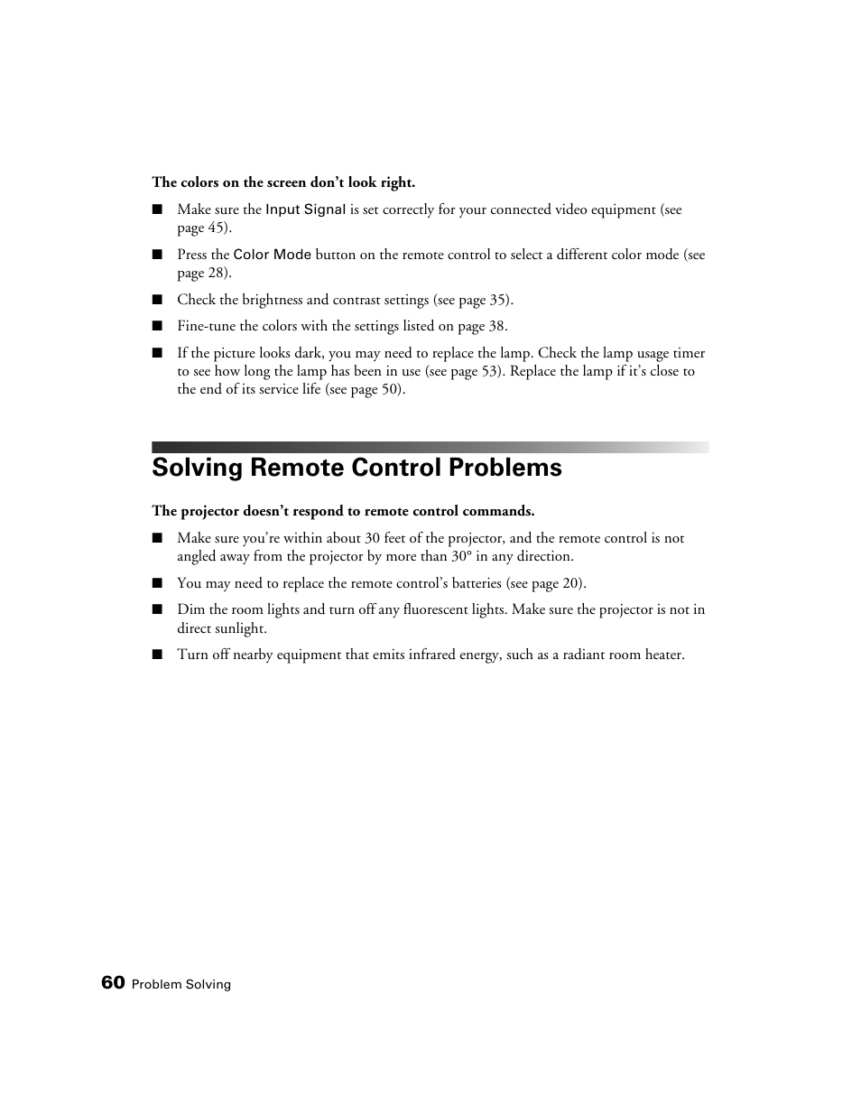 Solving remote control problems | Epson PRO CINEMA 800 User Manual | Page 60 / 80