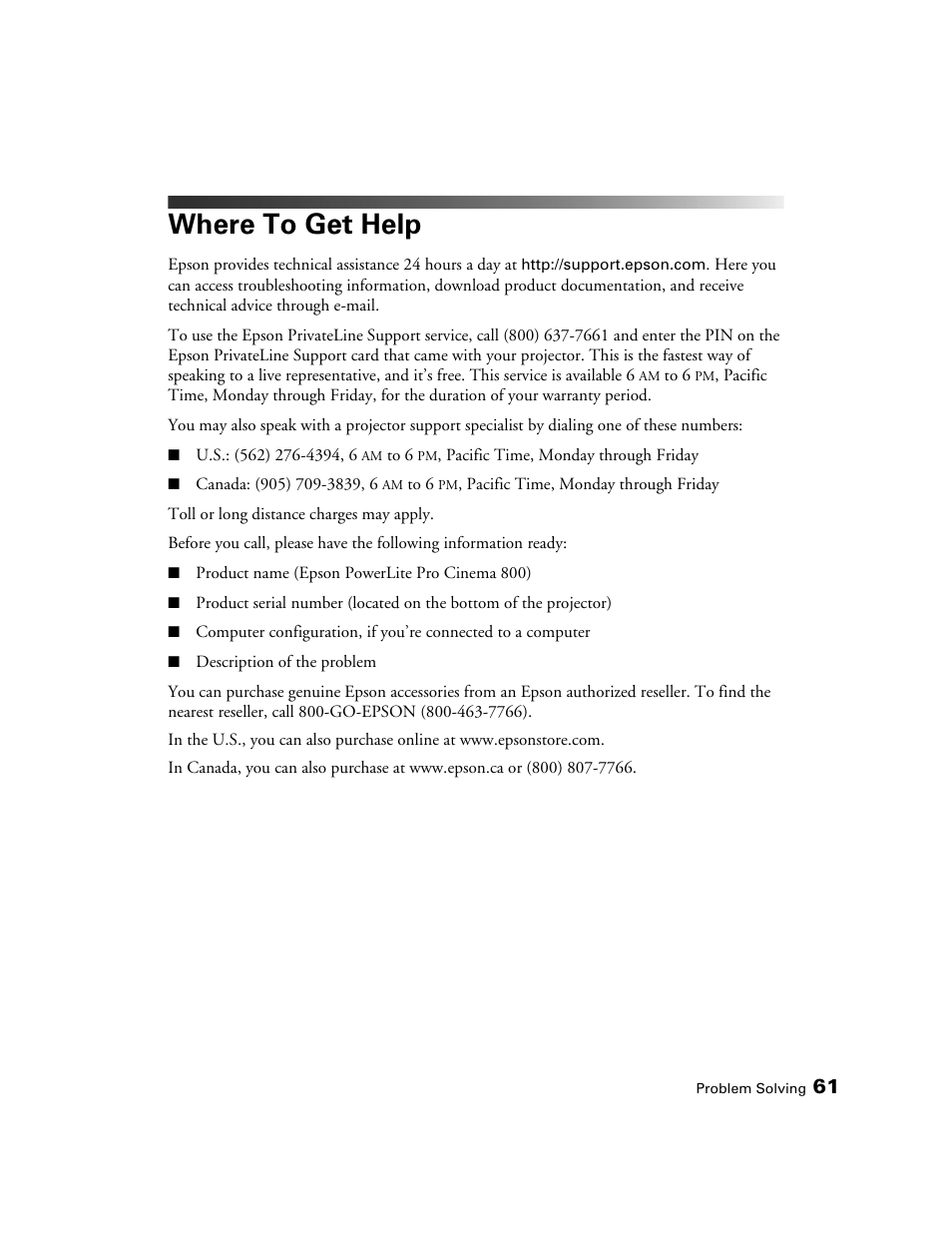 Where to get help | Epson PRO CINEMA 800 User Manual | Page 61 / 80