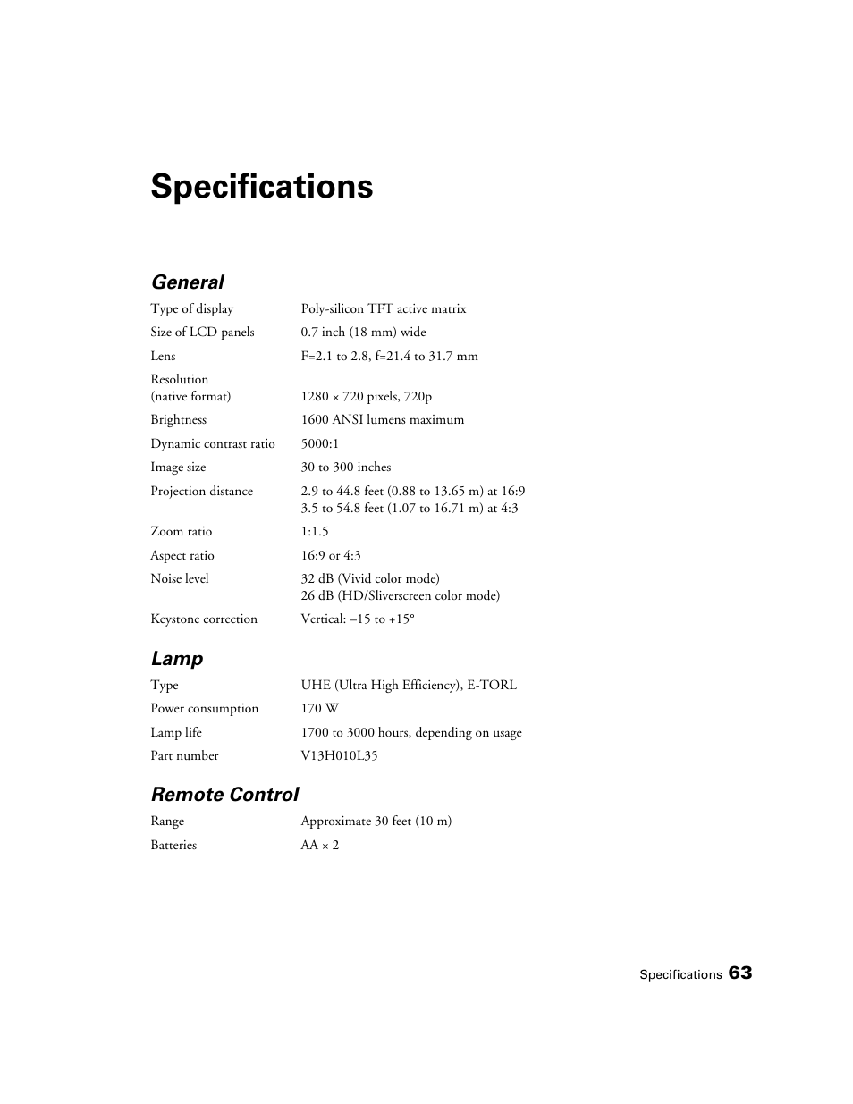 Specifications, General, Lamp | Remote control | Epson PRO CINEMA 800 User Manual | Page 63 / 80