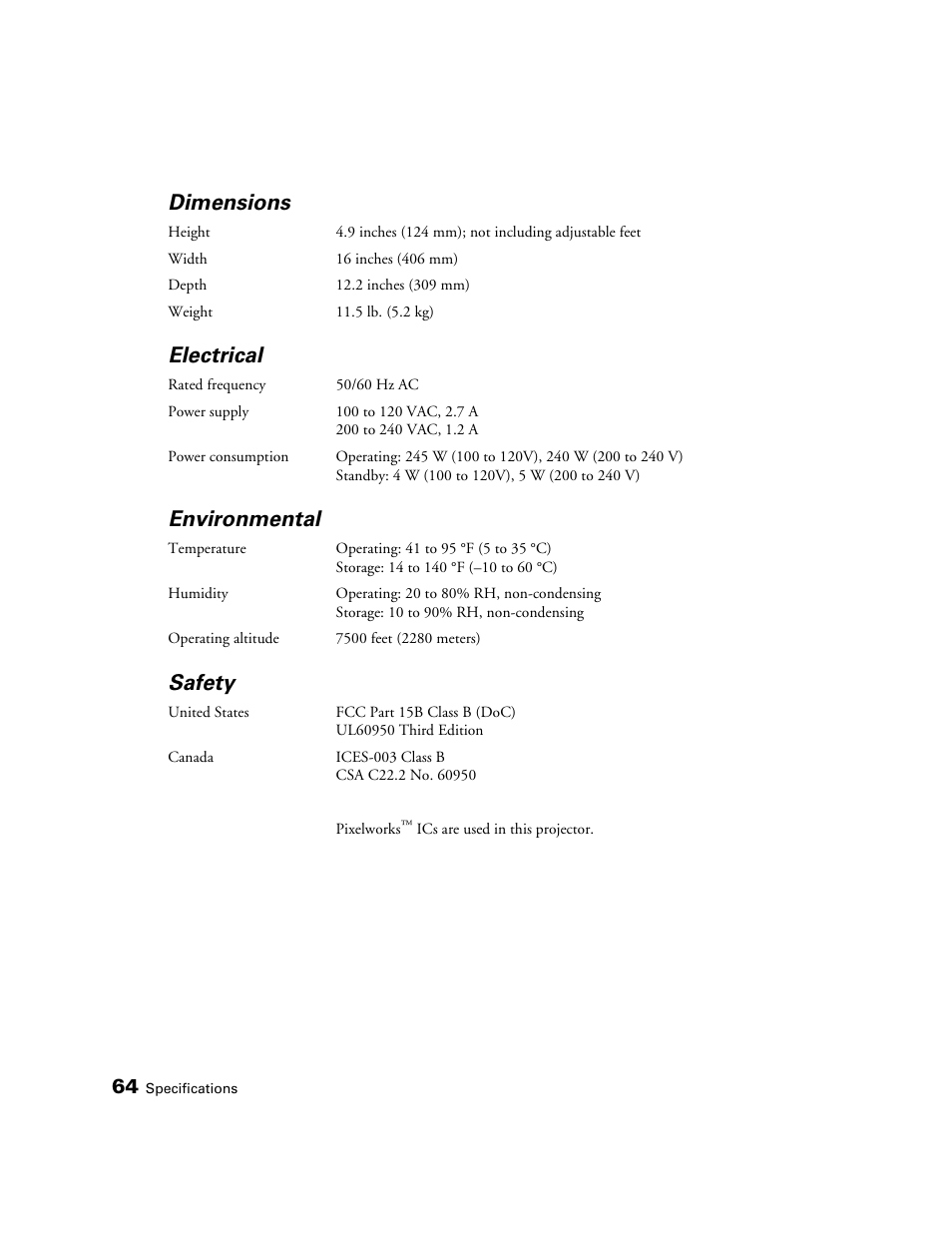 Dimensions, Electrical, Environmental | Safety | Epson PRO CINEMA 800 User Manual | Page 64 / 80