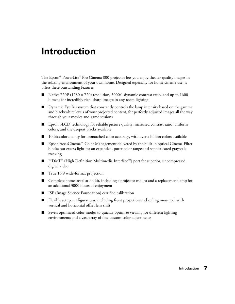 Introduction | Epson PRO CINEMA 800 User Manual | Page 7 / 80