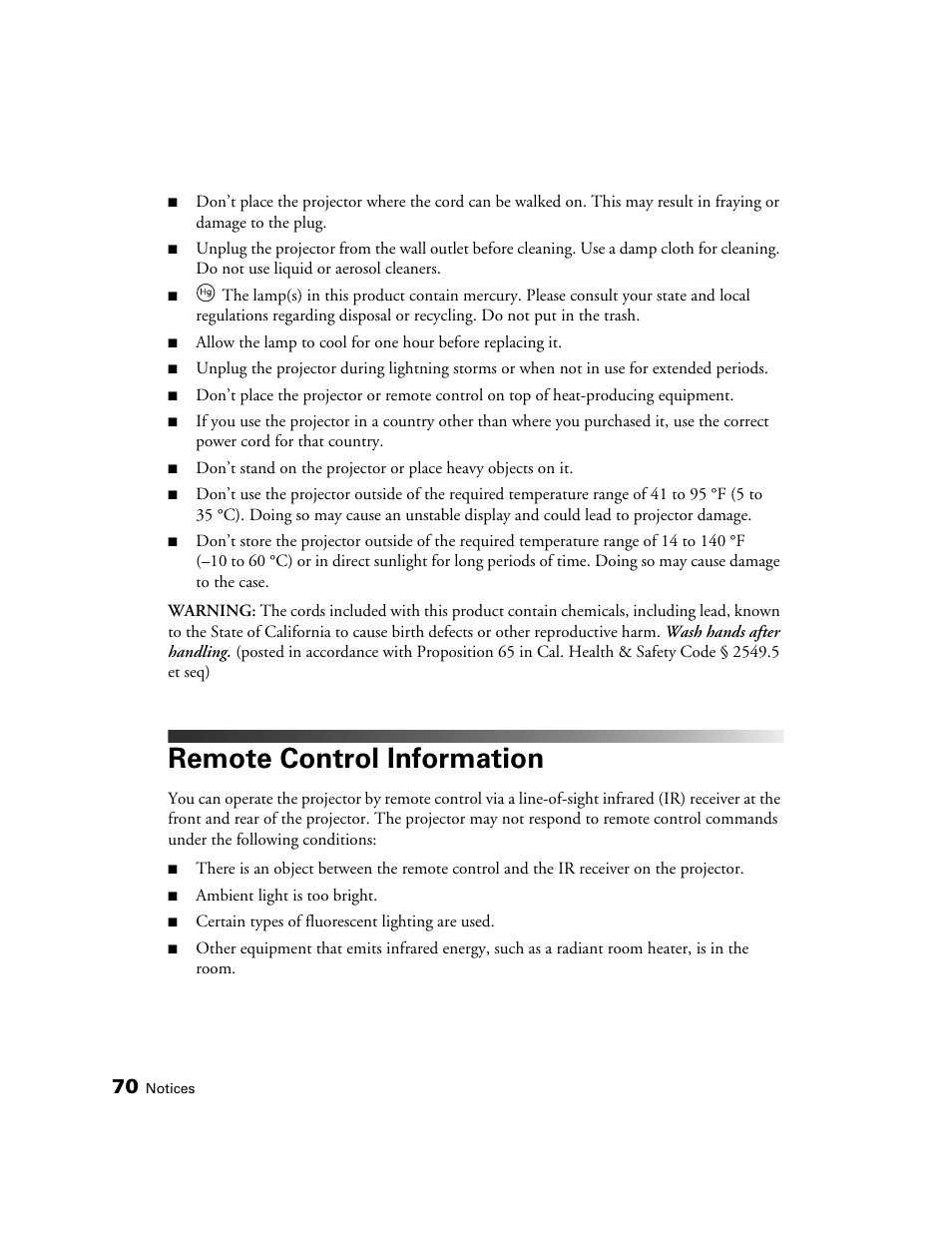 Remote control information | Epson PRO CINEMA 800 User Manual | Page 70 / 80