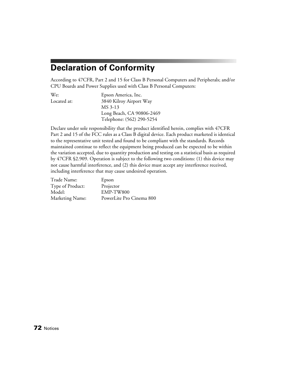 Declaration of conformity | Epson PRO CINEMA 800 User Manual | Page 72 / 80