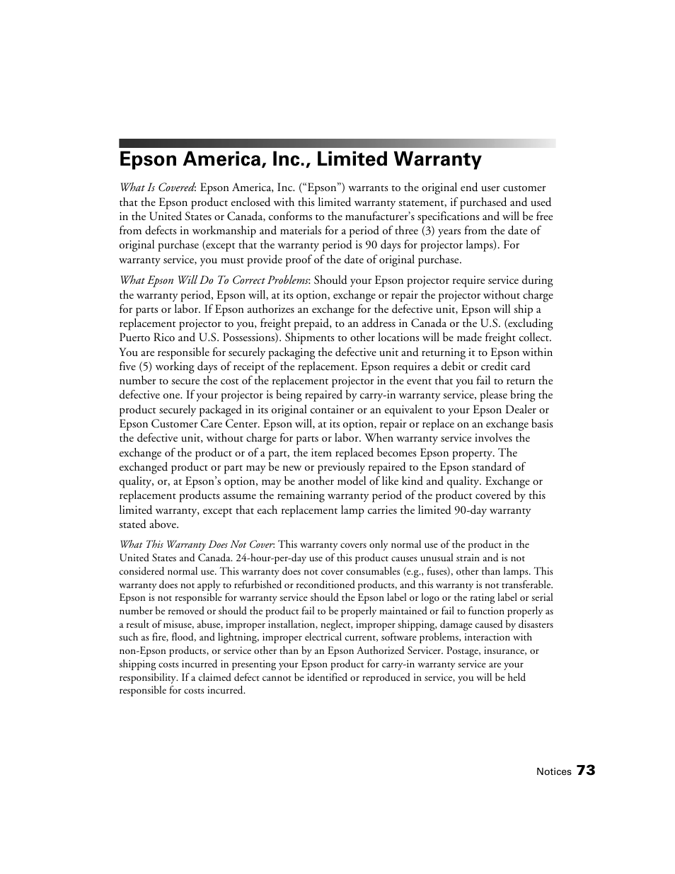 Epson america, inc., limited warranty, Warranty | Epson PRO CINEMA 800 User Manual | Page 73 / 80