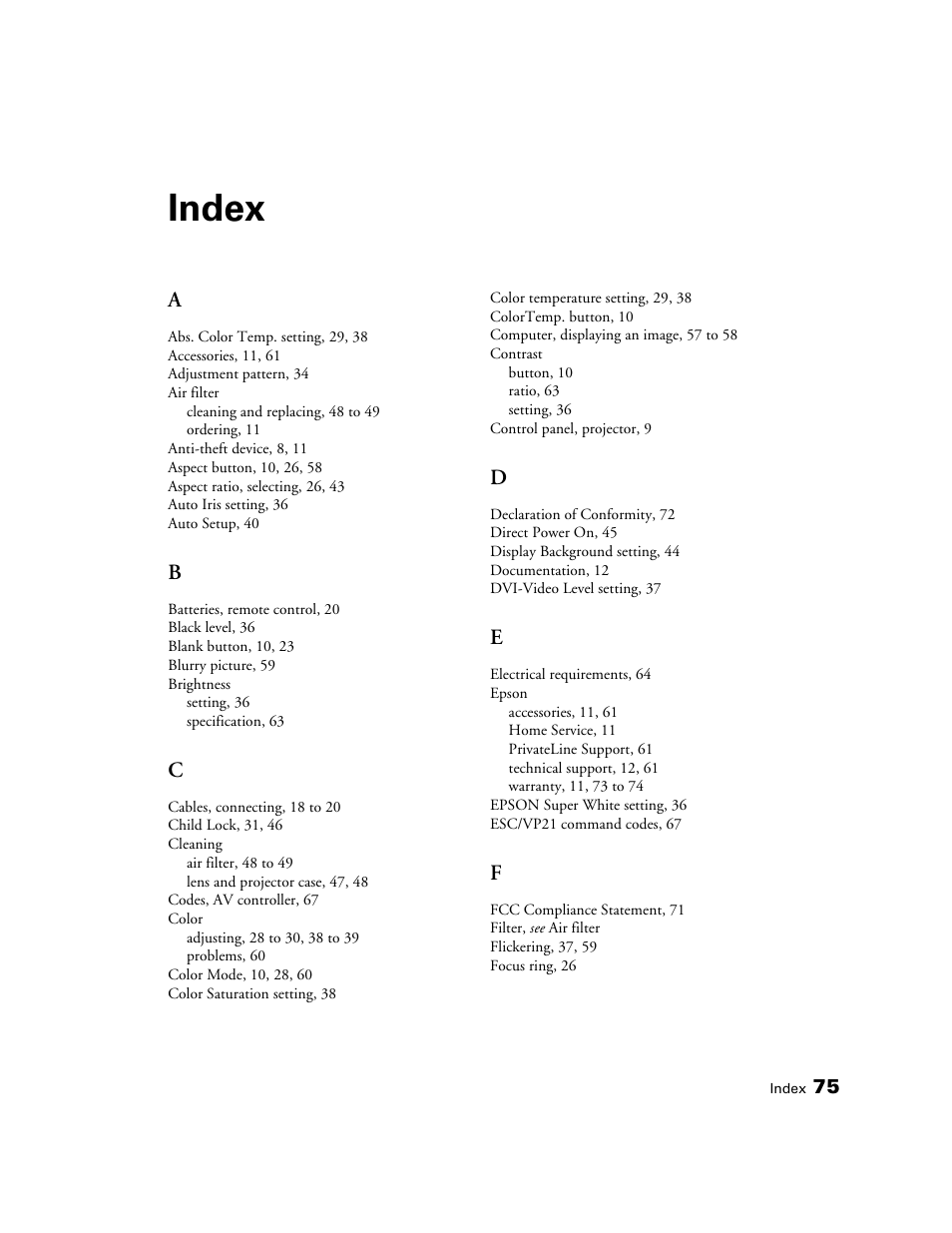 Index | Epson PRO CINEMA 800 User Manual | Page 75 / 80