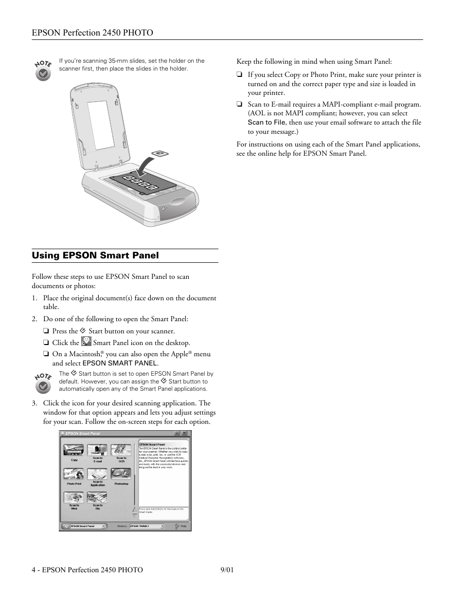 Using epson smart panel, Epson perfection 2450 photo | Epson PERFECTION 2450 User Manual | Page 4 / 5