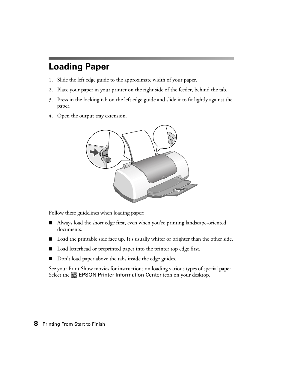 Loading paper | Epson B163A User Manual | Page 13 / 81