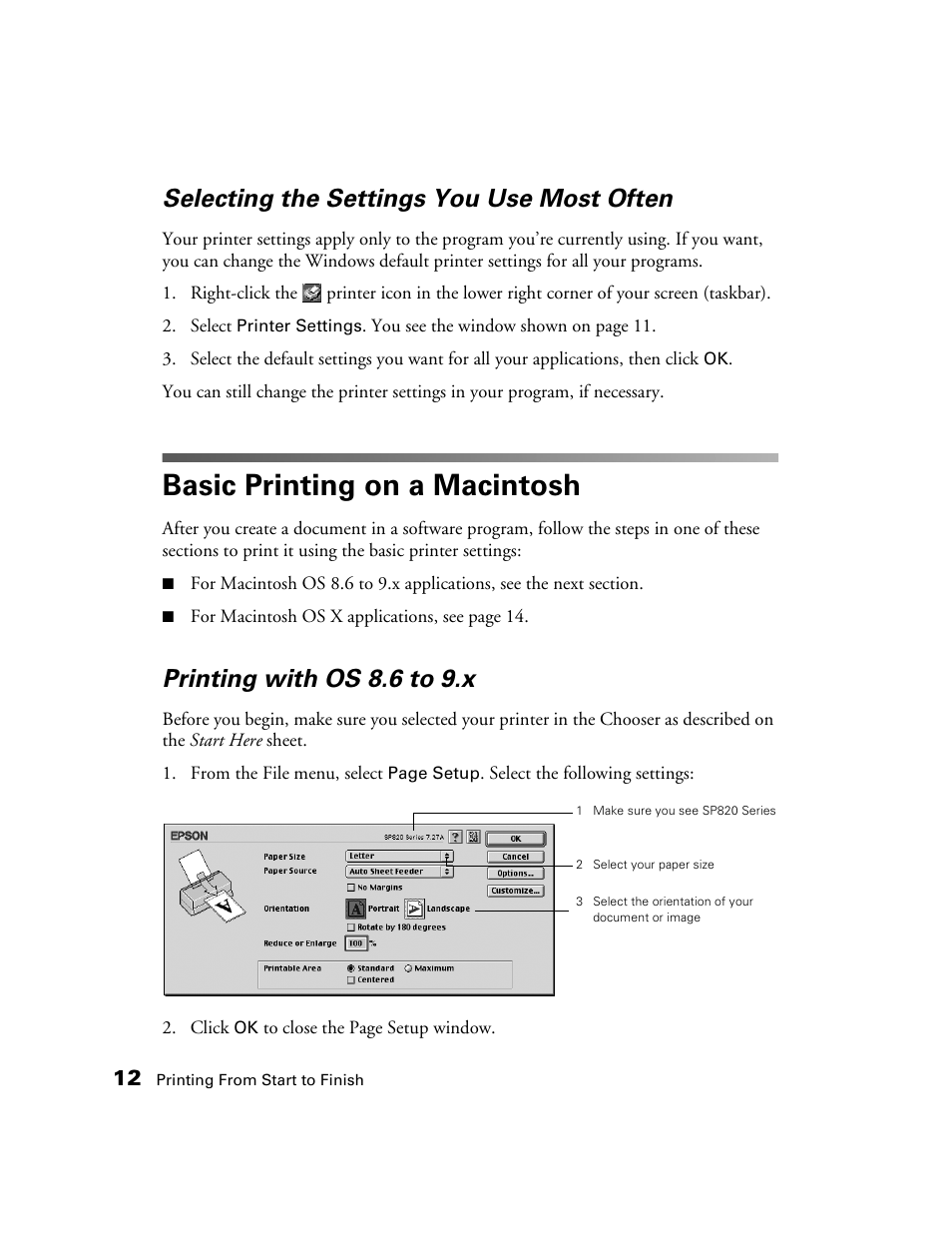 Selecting the settings you use most often, Basic printing on a macintosh, Printing with os 8.6 to 9.x | Epson B163A User Manual | Page 17 / 81