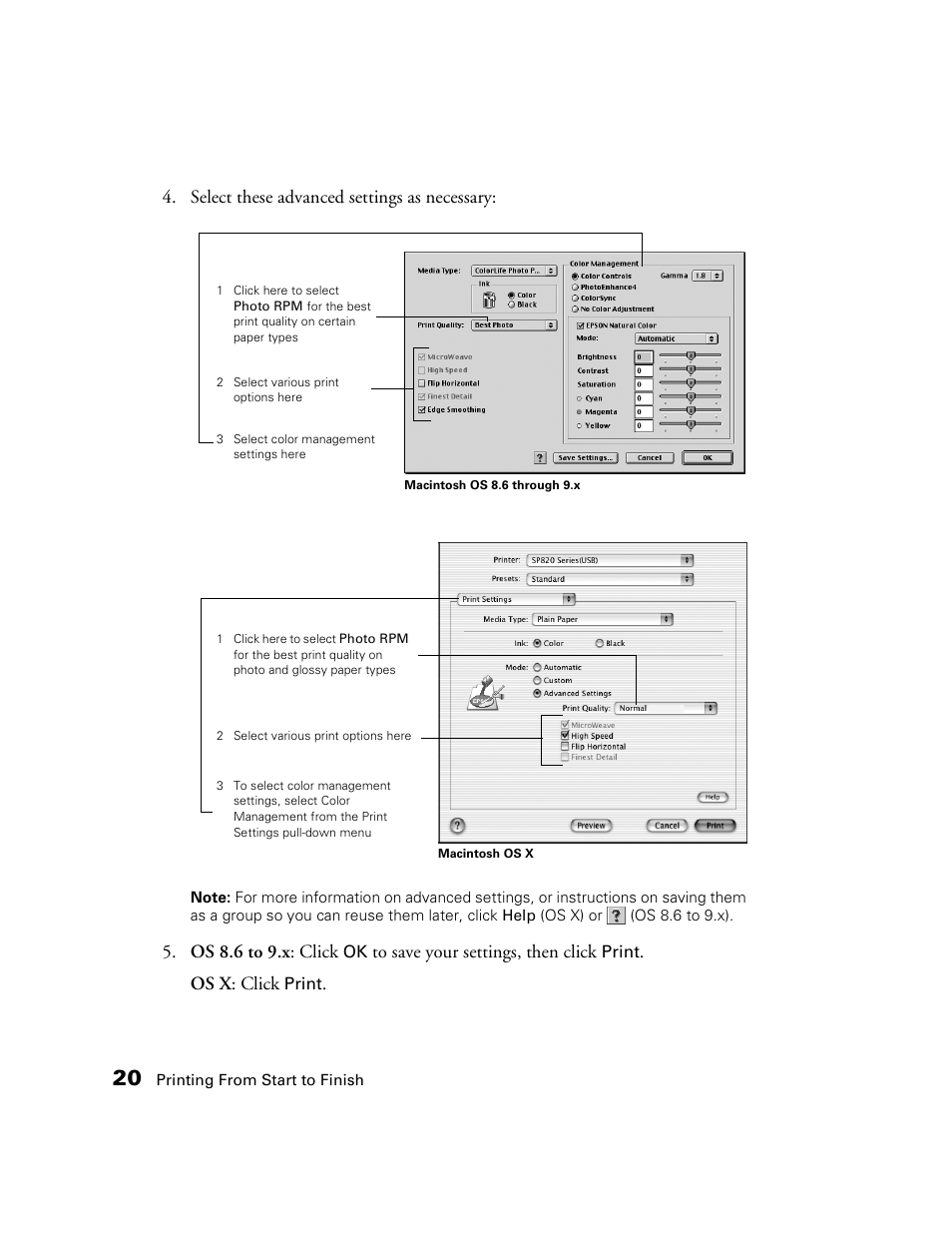 Select these advanced settings as necessary, Os 8.6 to 9.x : click, Os x : click | Epson B163A User Manual | Page 25 / 81