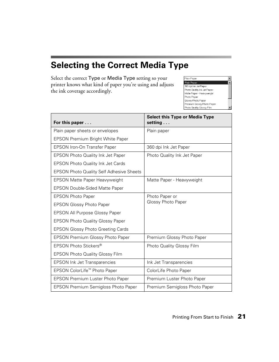 Selecting the correct media type | Epson B163A User Manual | Page 26 / 81