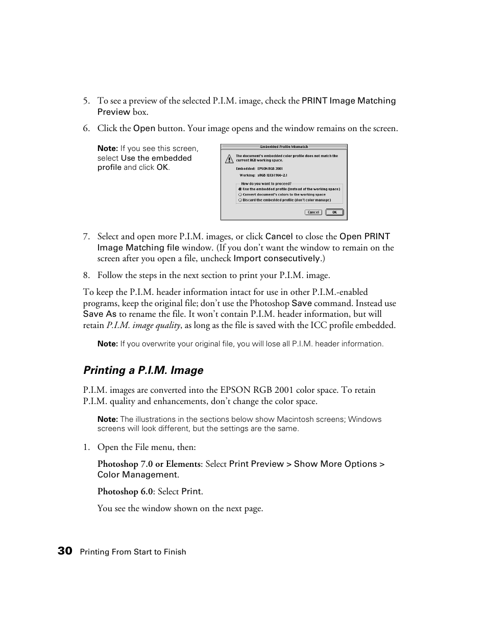 Printing a p.i.m. image | Epson B163A User Manual | Page 35 / 81