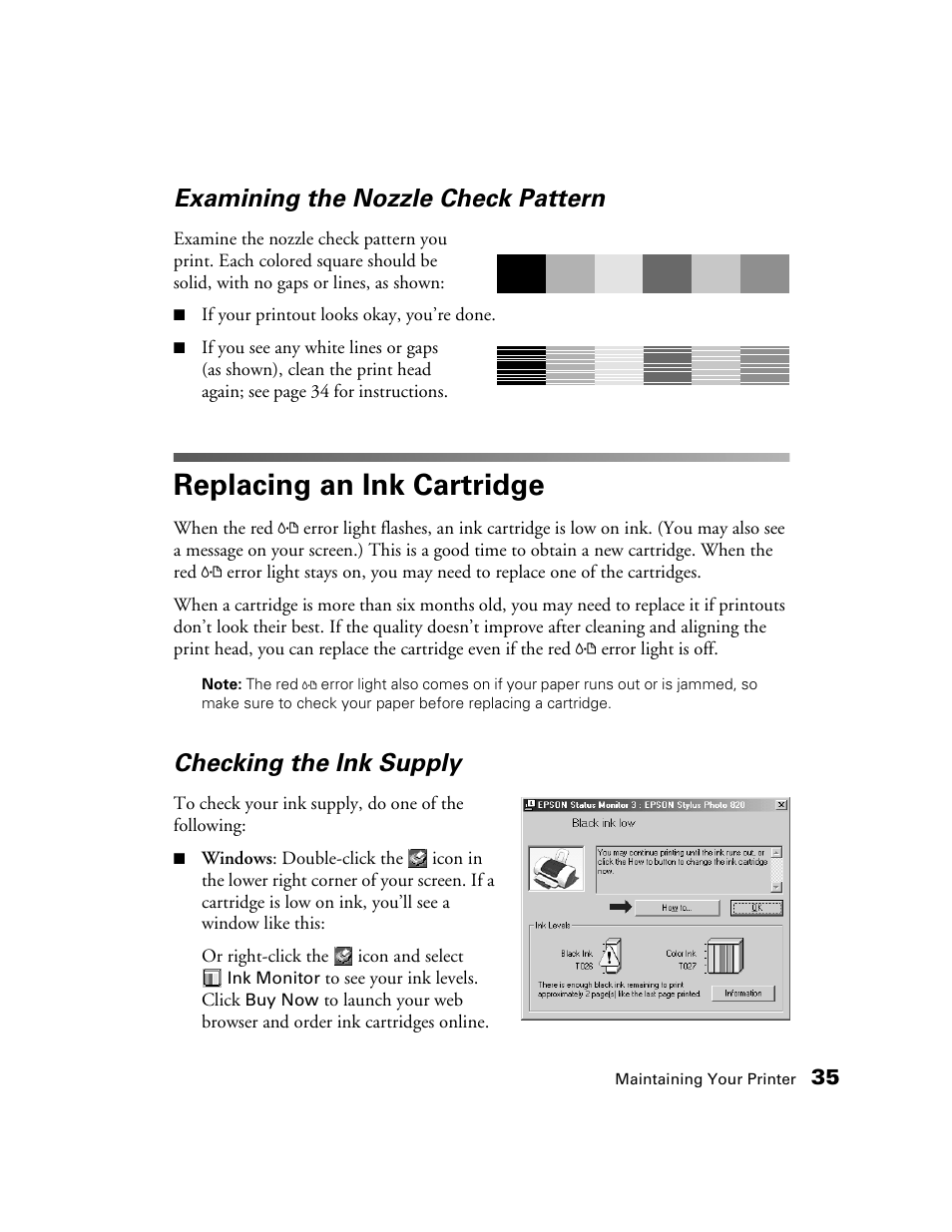 Examining the nozzle check pattern, Replacing an ink cartridge, Checking the ink supply | Epson B163A User Manual | Page 40 / 81