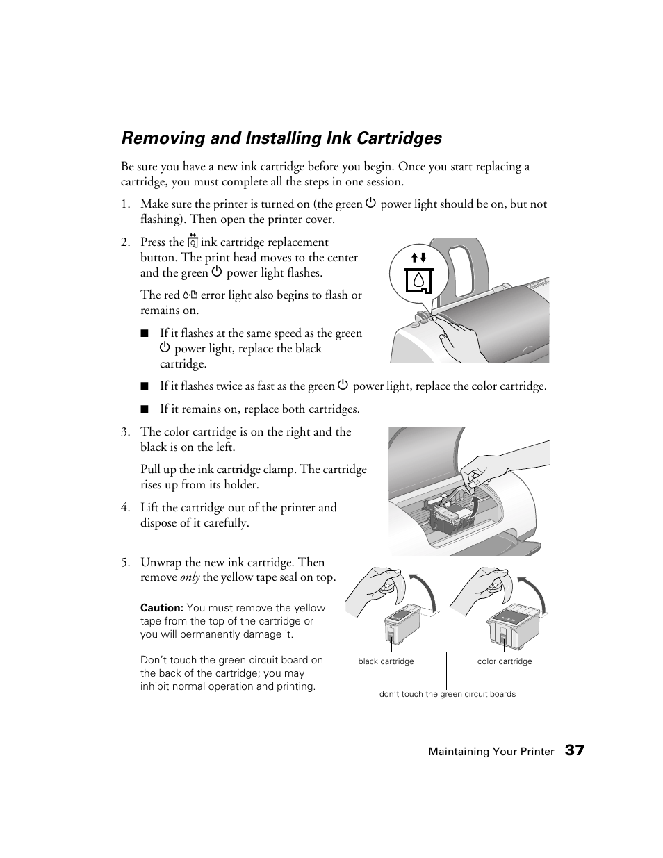 Removing and installing ink cartridges | Epson B163A User Manual | Page 42 / 81