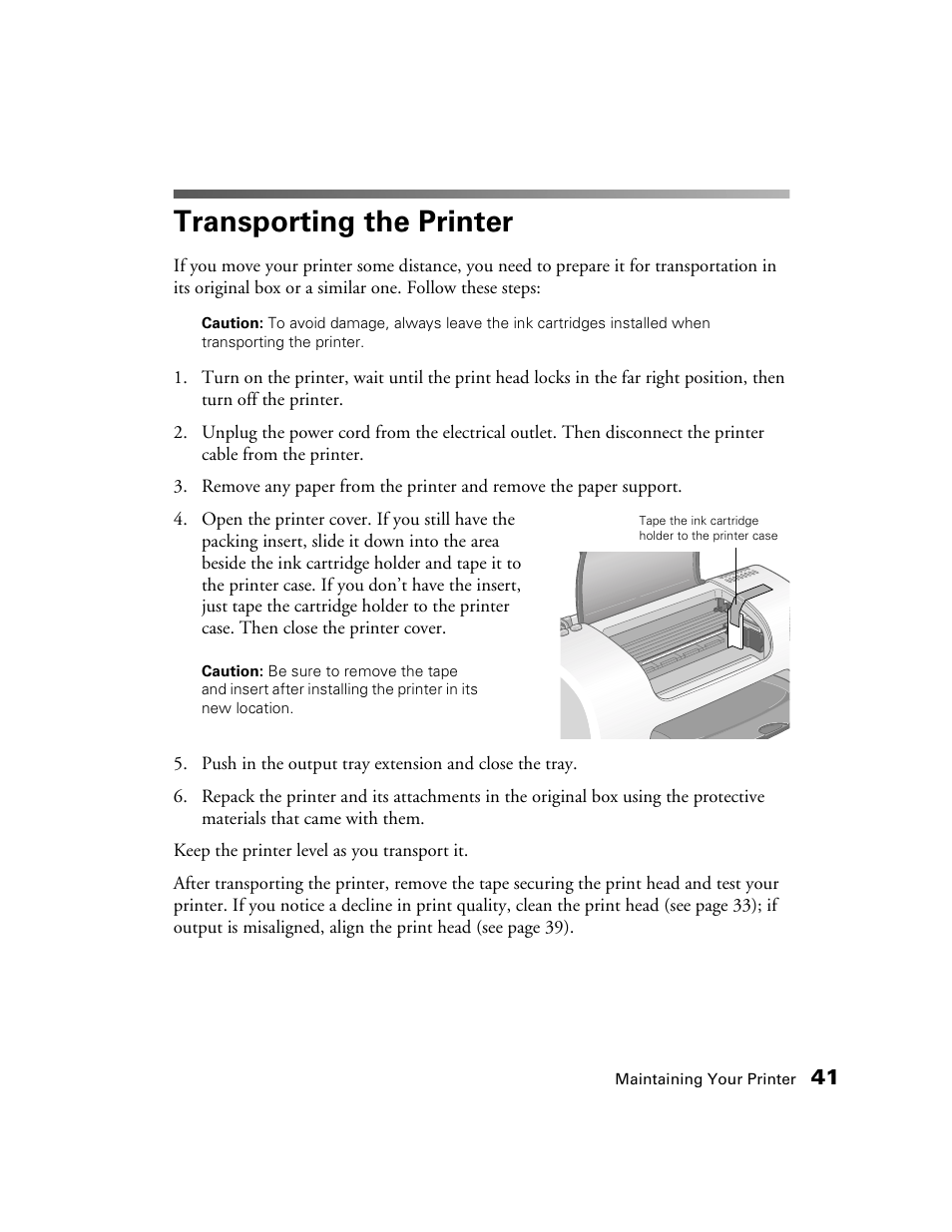 Transporting the printer | Epson B163A User Manual | Page 46 / 81