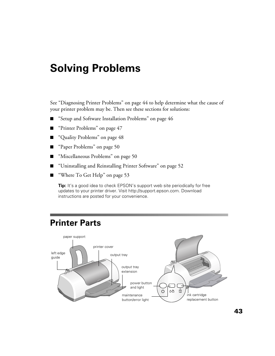 Solving problems, Printer parts | Epson B163A User Manual | Page 48 / 81