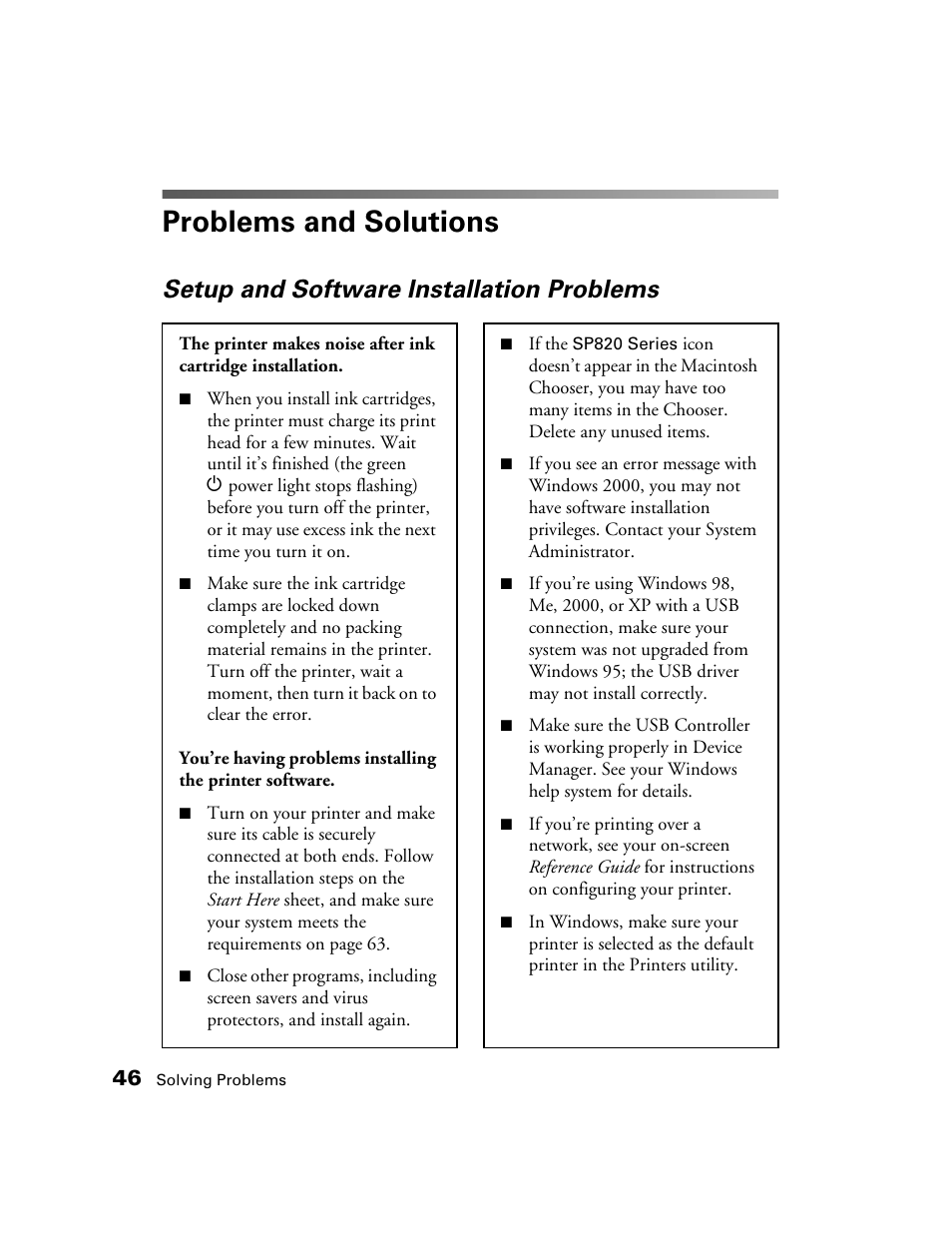 Problems and solutions, Setup and software installation problems, Problems and solutions” beg | Epson B163A User Manual | Page 51 / 81