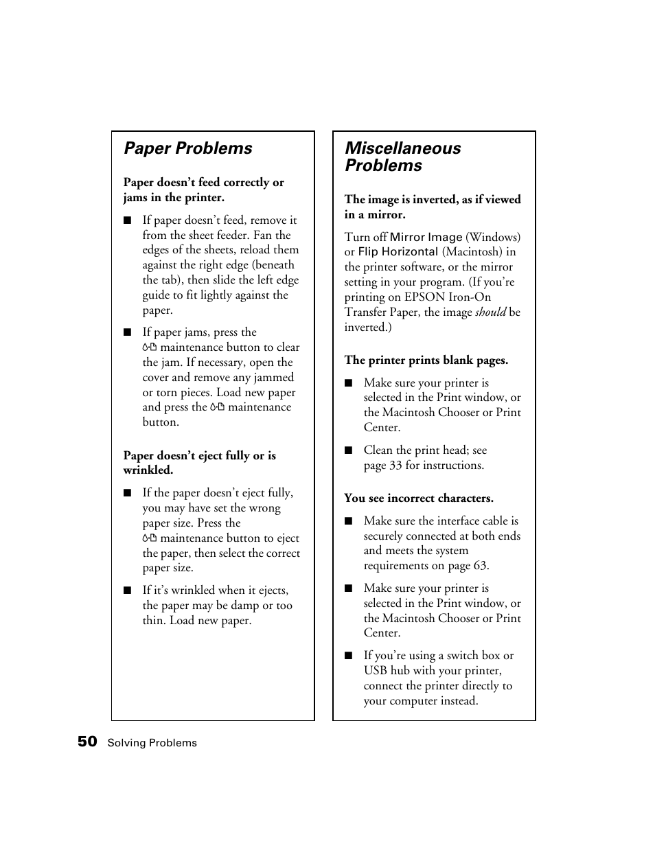 Paper problems miscellaneous problems, Paper problems, Miscellaneous problems | Epson B163A User Manual | Page 55 / 81