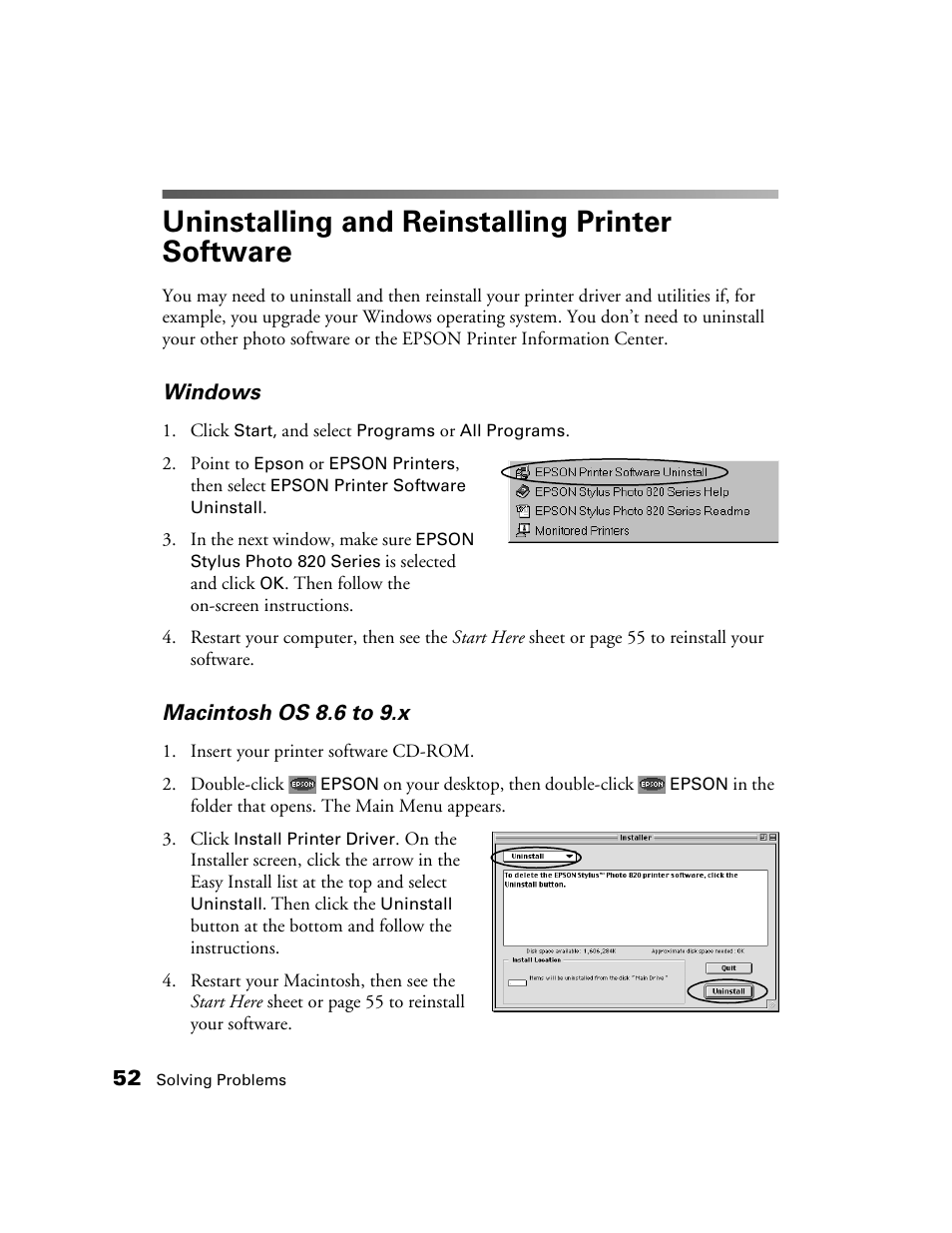 Uninstalling and reinstalling printer software | Epson B163A User Manual | Page 57 / 81