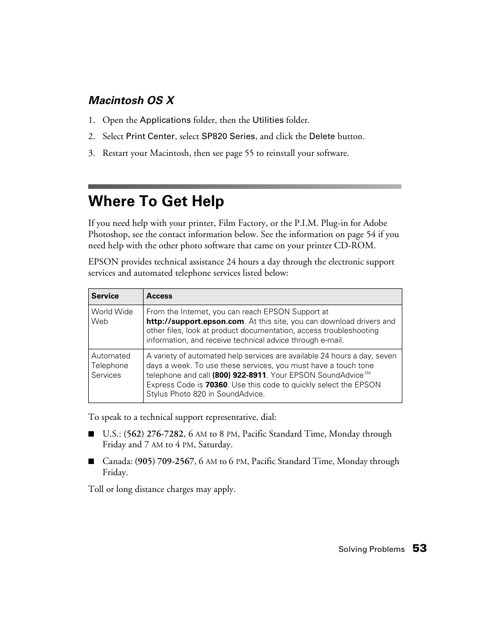 Where to get help, 53 macintosh os x | Epson B163A User Manual | Page 58 / 81