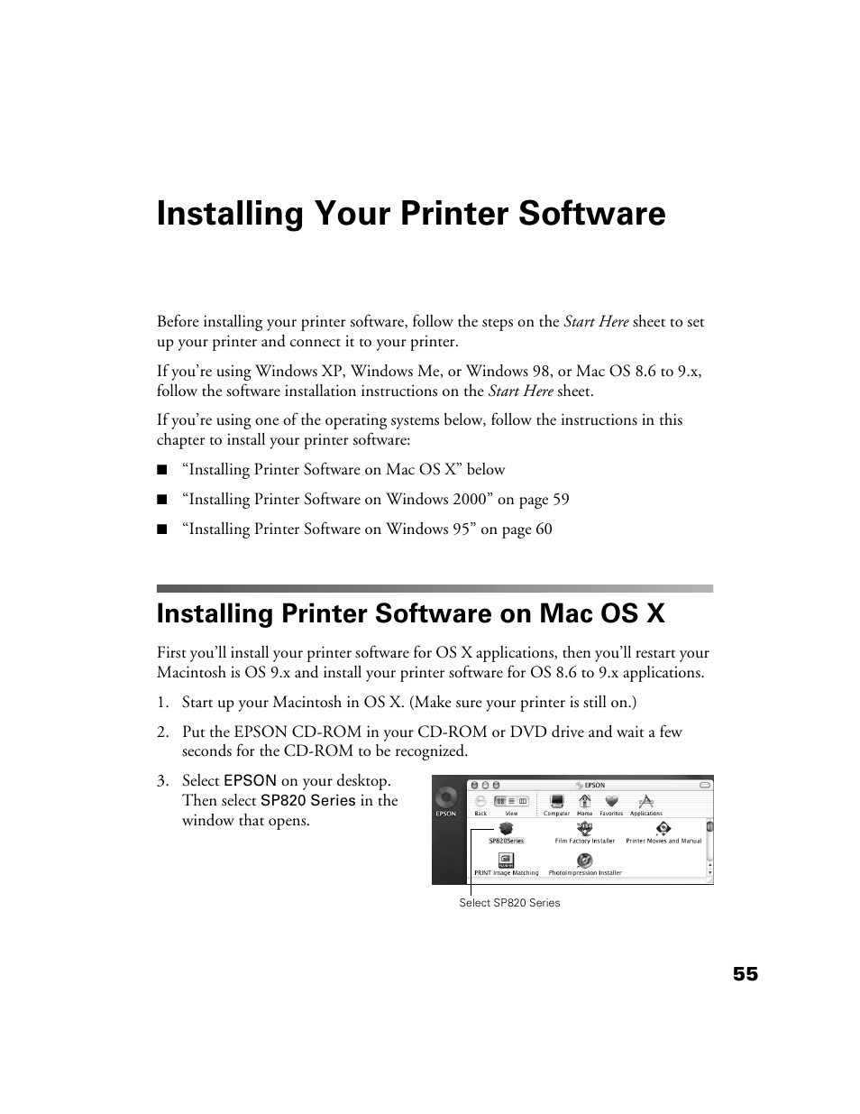 Installing your printer software, Installing printer software on mac os x | Epson B163A User Manual | Page 60 / 81