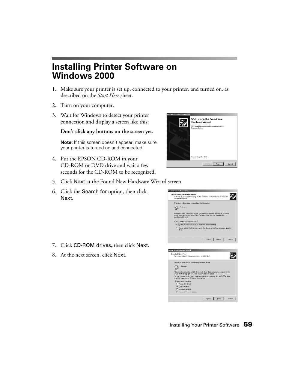 Installing printer software on windows 2000 | Epson B163A User Manual | Page 64 / 81