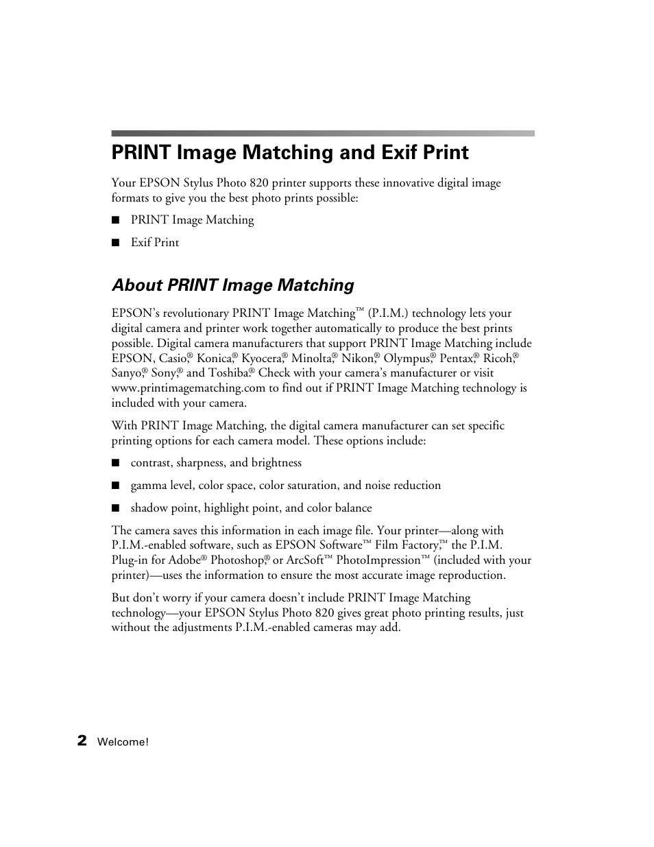 Print image matching and exif print, About print image matching | Epson B163A User Manual | Page 7 / 81