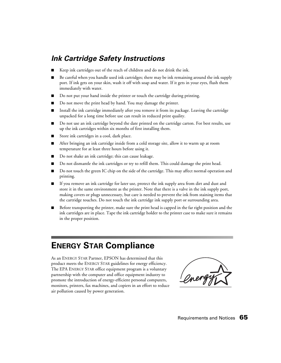 Ink cartridge safety instructions, Energy star compliance, Compliance | Nergy | Epson B163A User Manual | Page 70 / 81