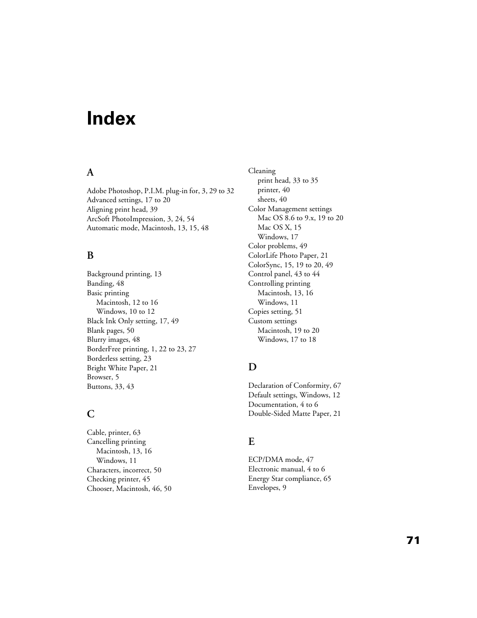 Index | Epson B163A User Manual | Page 76 / 81