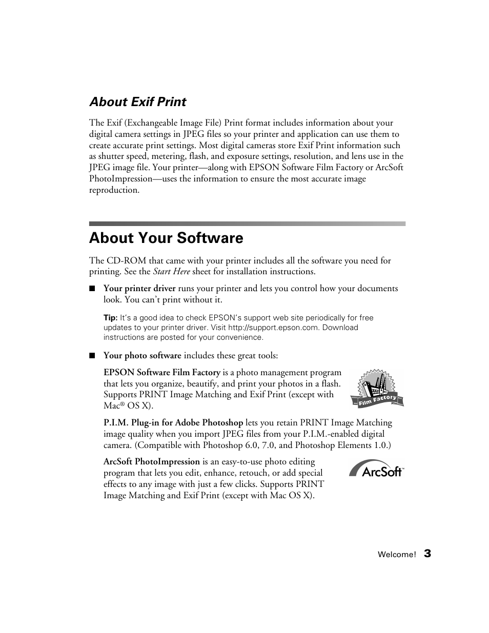 About exif print, About your software | Epson B163A User Manual | Page 8 / 81