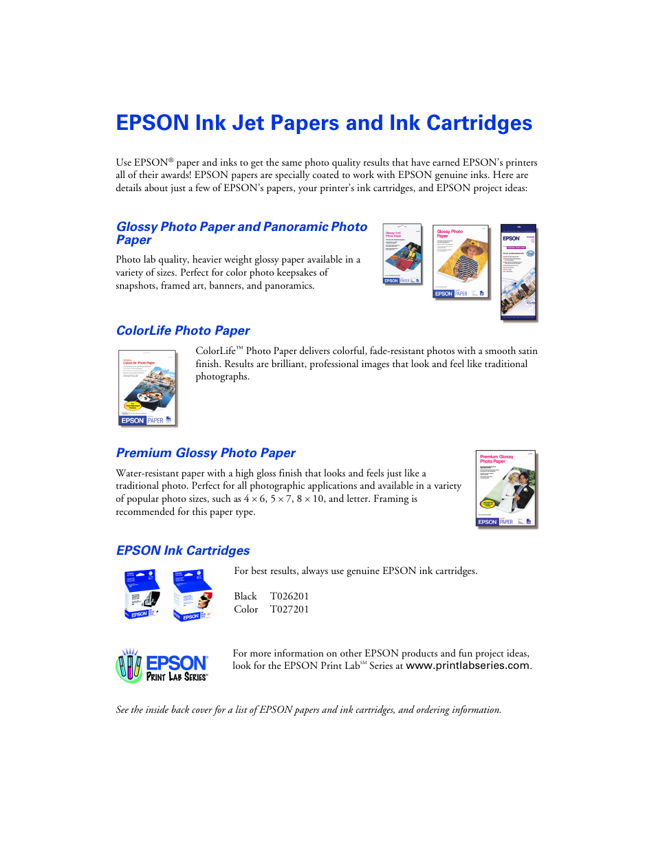 Epson ink jet papers and ink cartridges | Epson B163A User Manual | Page 80 / 81