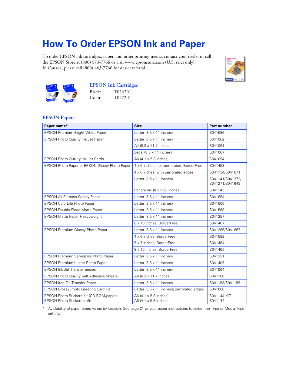 How to order epson ink and paper, Epson ink cartridges, Epson papers | Epson B163A User Manual | Page 81 / 81