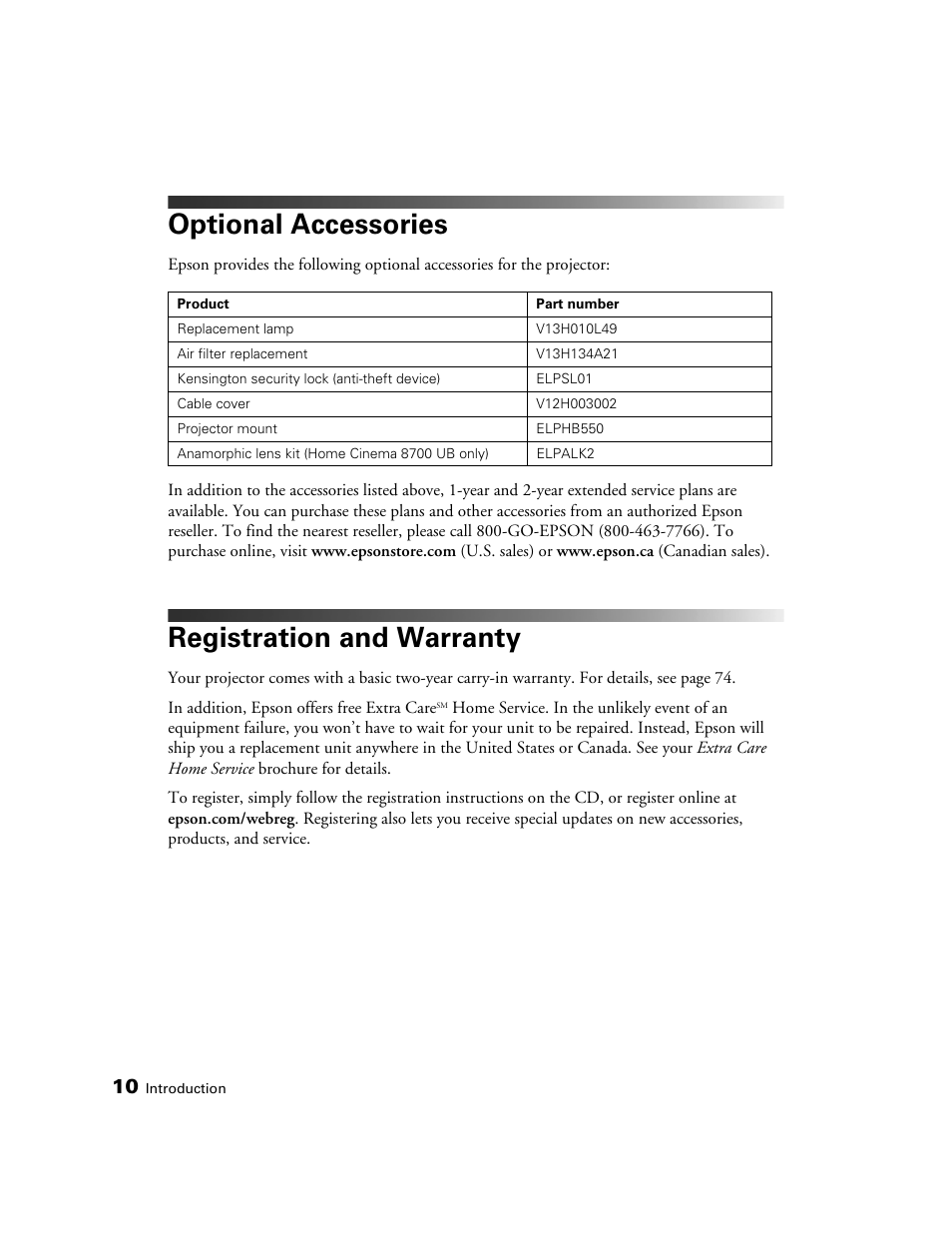 Optional accessories, Registration and warranty | Epson POWERLITE 8350 User Manual | Page 10 / 80