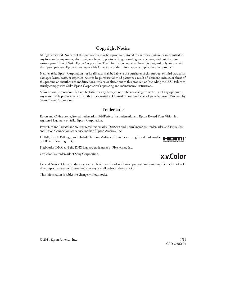 2copyright notice, Trademarks | Epson POWERLITE 8350 User Manual | Page 2 / 80