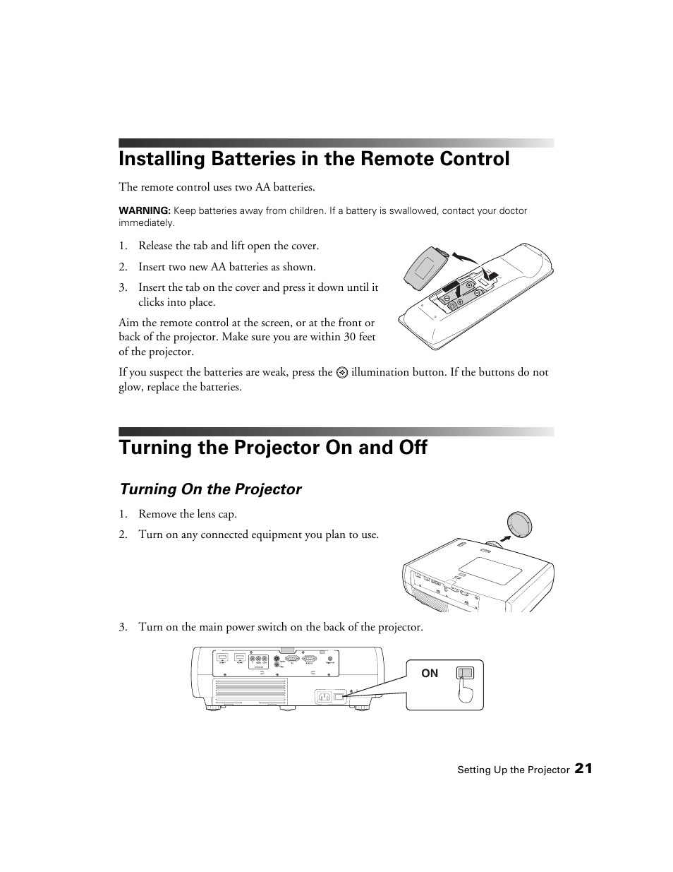 Installing batteries in the remote control, Turning the projector on and off, Turning on the projector | Epson POWERLITE 8350 User Manual | Page 21 / 80