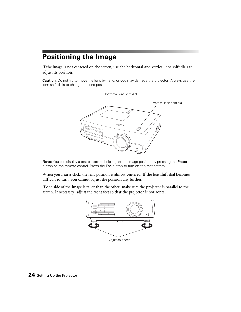 Positioning the image | Epson POWERLITE 8350 User Manual | Page 24 / 80