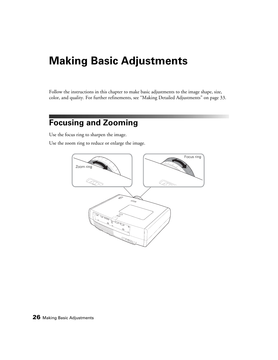 Making basic adjustments, Focusing and zooming | Epson POWERLITE 8350 User Manual | Page 26 / 80