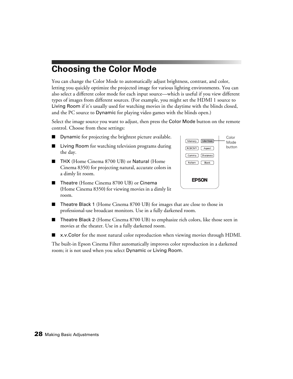 Choosing the color mode | Epson POWERLITE 8350 User Manual | Page 28 / 80