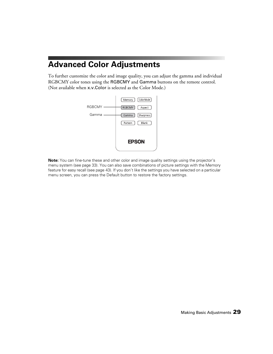 Advanced color adjustments | Epson POWERLITE 8350 User Manual | Page 29 / 80